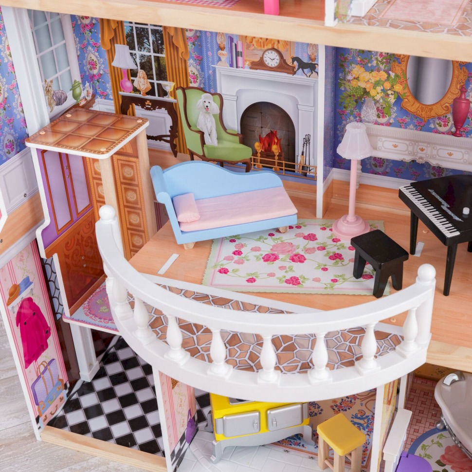 Деревянный кукольный домик "Магнолия", с мебелью 13 предметов в наборе, свет, звук, для кукол 30 см (65839_KE)
