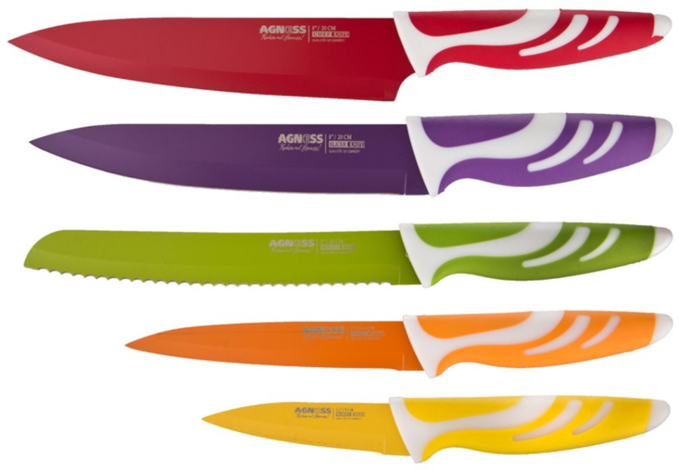 Набор ножей нжс с цвет.полимерным покртыем на складывающейся подставке 6пр. (кор=12набор.) Agness (911-505)