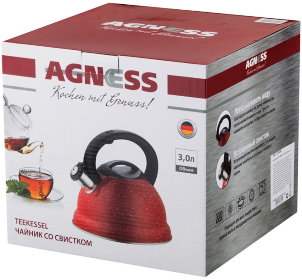 Чайник agness со свистком 3,0 л, индукционное капсульное дно Agness (937-607)