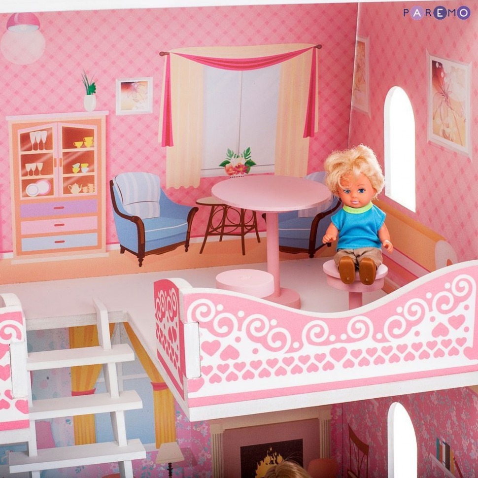 Деревянный кукольный домик "Адель Шарман", с мебелью 7 предметов в наборе, для кукол 20 см (PD318-07)