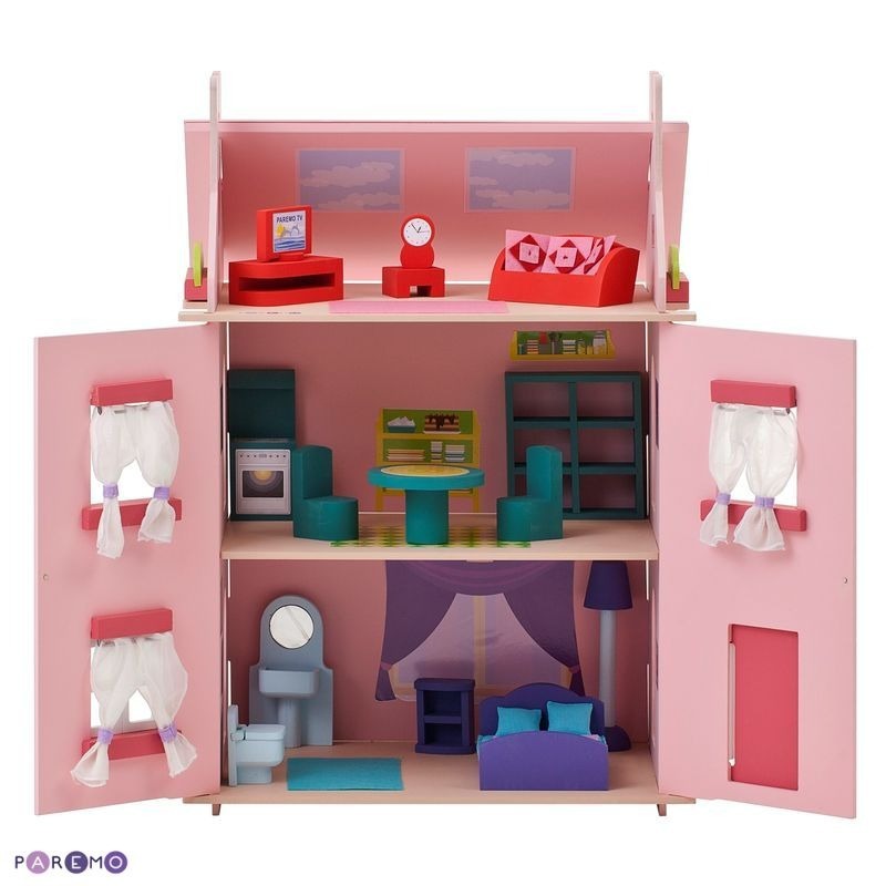 Деревянный кукольный домик "Милана", с мебелью 14 предметов в наборе, для кукол 15 см (PD115-01)