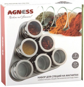 Набор для специй agness "монблан" 7 пр.на магнитах, в т.ч. метал.подставка 20*22*5 см Agness (912-002)