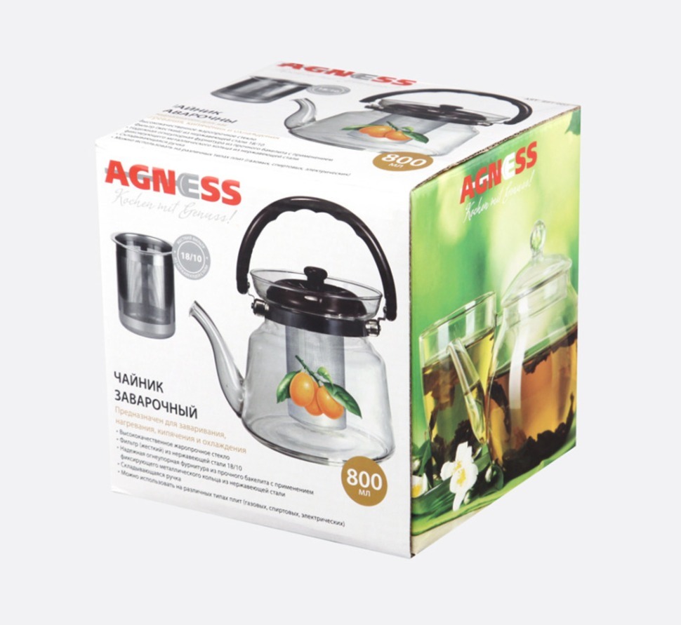 Заварочный чайник agness 1400 мл.с фильтром жаропрочное стекло (кор=24шт.) Agness (891-004)