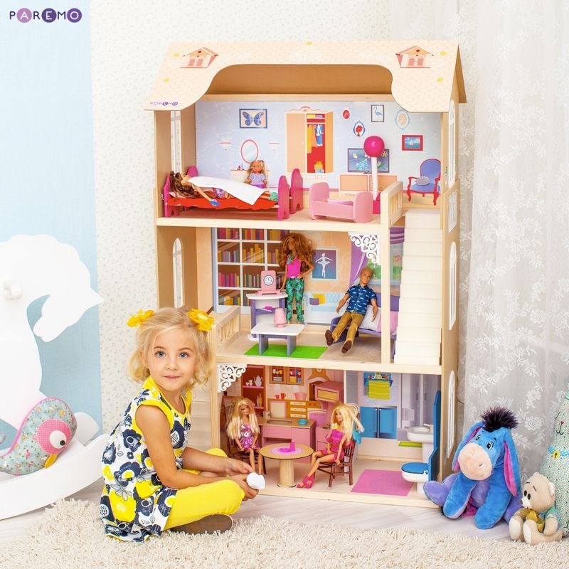 Деревянный кукольный домик "Шарм", с мебелью 16 предметов в наборе, для кукол 30 см (PD315-02)
