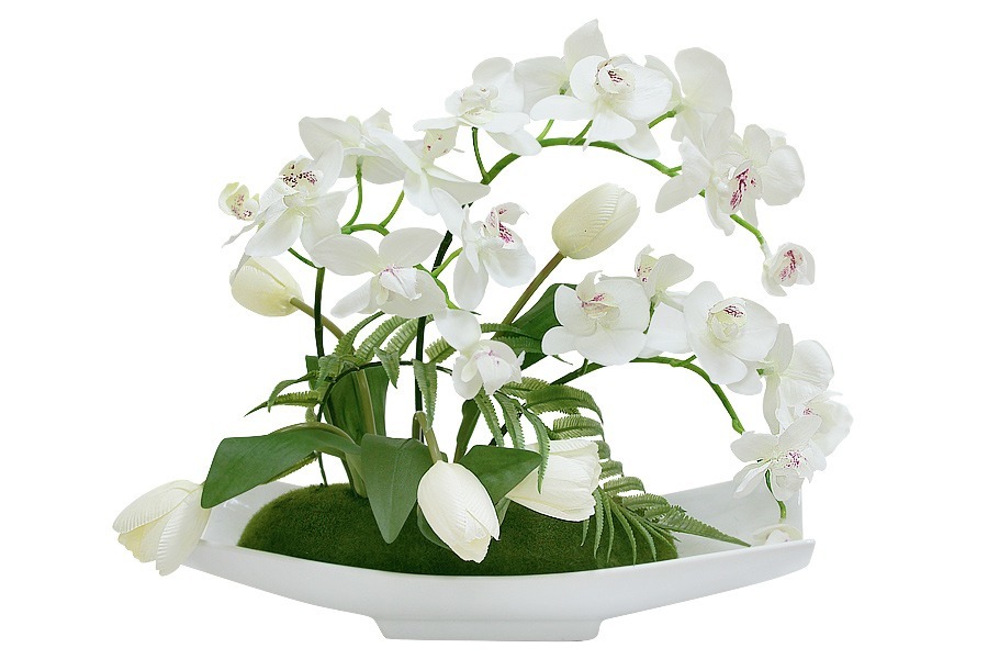Декоративные цветы Орхидея белая c тюльпанами на керам подставке - DG-JA6100 Dream Garden