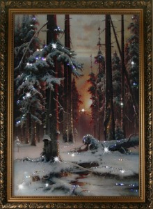 Картина Зимний закат в еловом лесу с кристаллами Swarovski (1113)