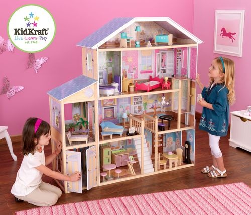 Деревянный кукольный домик "Великолепный Особняк", с мебелью 34 предмета в наборе и с гаражом, для кукол 30 см (65252_KU)